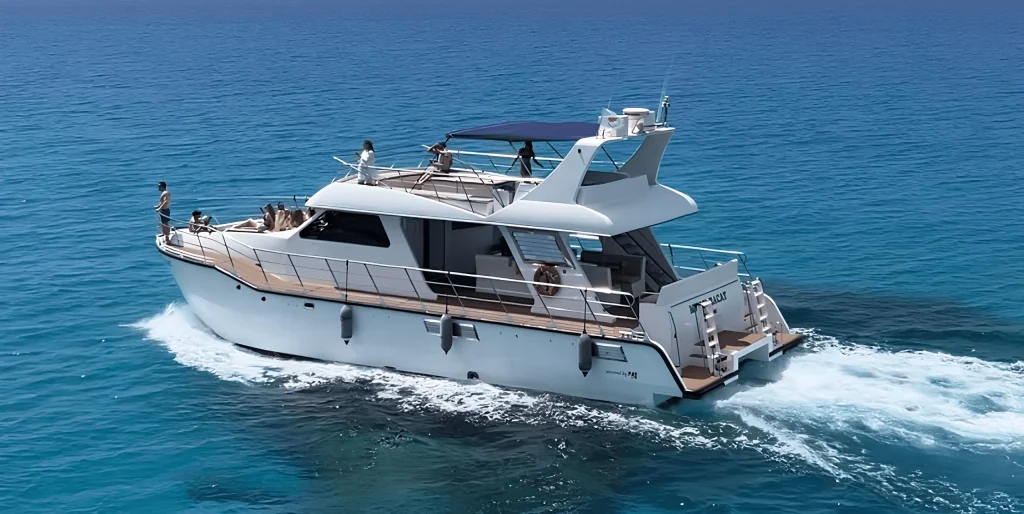 SCUBACAT motor yacht cruising the open sea off the Ayia Napa coast with passengers on deck