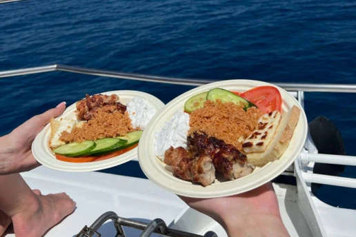 Two plates of grilled chicken, pourgouri, halloumi and salad served on deck at sea