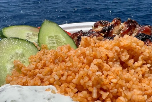 Plate of grilled chicken, pourgouri and cucumber with tzatziki on a SCUBACAT cruise