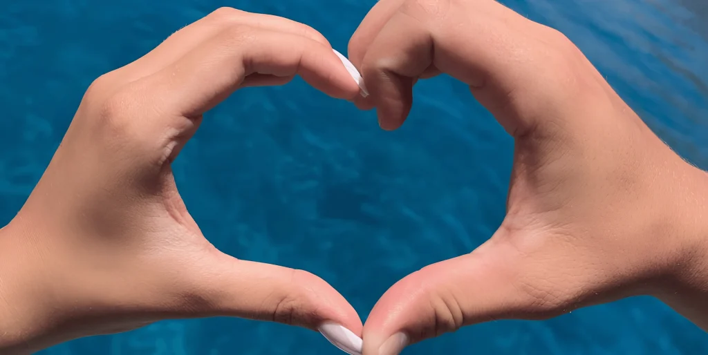 Hands forming a heart shape above clear blue sea water