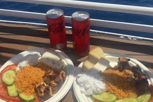Two plates of grilled chicken, pourgouri, tzatziki, pitta and salad beside two cans of cola on a boat deck